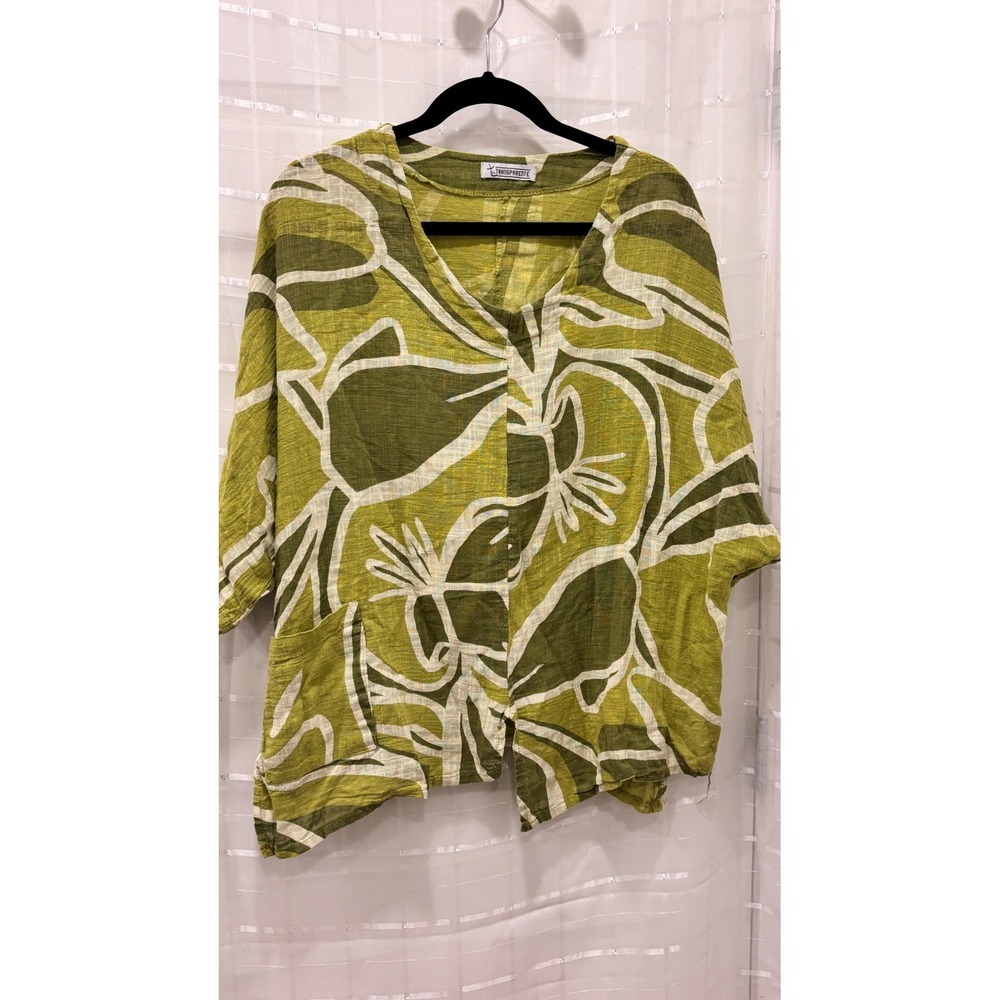 Transparente Italy Green Abstract Leaf Print Linen‎ Cotton V-Neck Boxy Top 6653